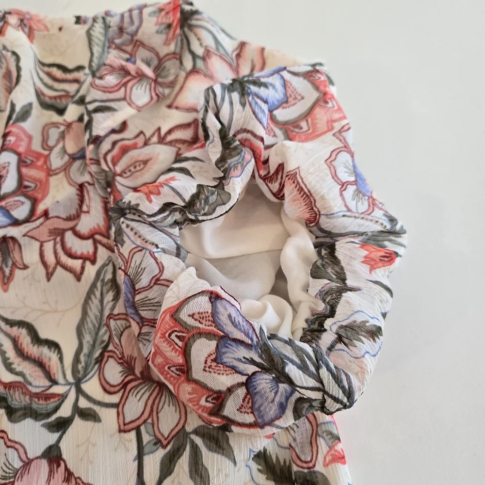 LOFT Puff Sleeve Floral Babydoll Blouse Size S Colorful Ruffle Neck Gardencore